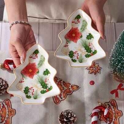 1 zestaw ceramicznych talerzy świątecznych w kształcie choinki, w kształcie serca, talerze obiadowe, zielone liście ostrokrzewu i czerwone jagody, świąteczne, wielokrotnego użytku, urocze małe talerze na zimowe przyjęcia, dekoracja stołu, do dekoracji kuchni w domu i na Boże Narodzenie, 2 szt. lub 1 szt., proszę zwrócić uwagę