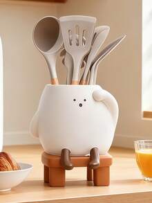 1个可爱卡通人物厨房用具架，多功能木制餐具收纳架，带沥水设计，可爱的台面收纳方案，可放置筷子、勺子、叉子，时尚的厨房装饰配件，非常适合早餐角、家庭厨房和咖啡馆，节省空间的餐具架，送给厨房爱好者的礼物 - 彩色 - 查看 18