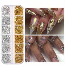 12-Piece Set Of Gold And Silver Half-Round Nail Art Accessories, Mixed Assembly 3D Nail Diamonds(Suitable For Halloween, Thanksgiving, Christmas, And Festive Party Nail Decorations) - 6格金色6格銀色 - 查看 8