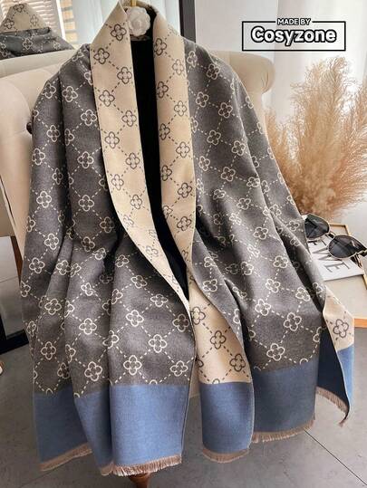 1件装女士秋冬提花仿羊绒时尚多功能空调披肩围巾，厚实保暖，适合日常搭配连衣裙