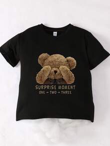 Tween Girls Casual Minimalist Cartoon Bear Graphic Logo Print Crew Neck Short Sleeve T-Shirt, New Spring/Summer Collection - Black - View 2