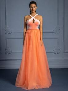 VIPGIRL A-Line Backless Velvet Mesh Formal Dress - Women's Long Formal Evening Gown - Orange - View 4