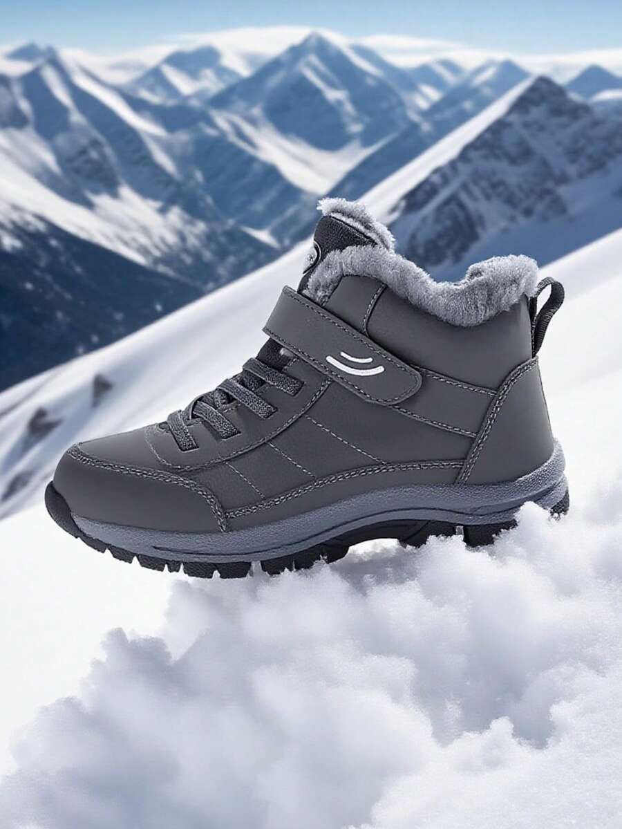 1雙純灰色經典雪地靴,休閒高筒靴,魔鬼氈開合易穿脫,耐用防滑鞋底 - 灰色 - 查看 1