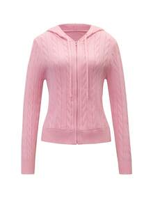 Y2K Stil Damen Casual Pendler einfarbiger Reißverschluss Seitentasche Design Kapuzen Strickjacke, Herbst - Pink - Übersicht 3