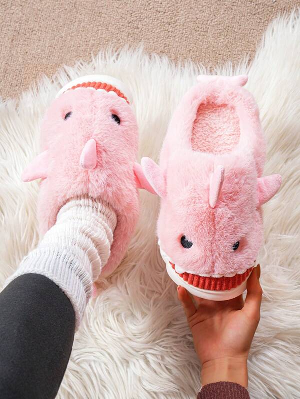 Winter Cartoon Slippers For Women, Pink Color Cartoon Shark Plush Women's Thermal Slippers, Warm & Comfortable Animal-Themed Home Shoes, Washable Indoor House Shoes With Cozy Fabric Lining And Cushioned Fabric Insole