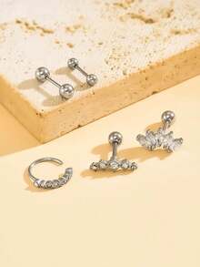 10-Piece / 5-Piece Fashionable And Simple Cubic Zirconia Men's And Women's Earring Set, Cz Flower Earlobe Earrings, Stainless Steel Ball Arc-Shaped Cartilage Ear Studs, Rhinestone Helix Cartilage Ring