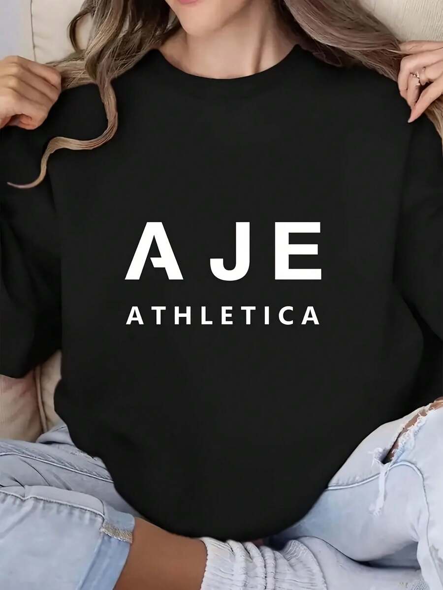 Festive Halloween Sweatshirt Women's Plus Size - AJE Print, Everyday Outfit, Stylish Clothing, Cozy Crew Neck Pullover, Perfect For Fall & Winter - 黑色 - 查看 1