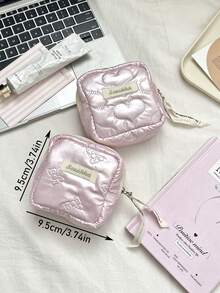 1个迷你绗缝化妆包，可爱蝴蝶结图案口红袋，心形图案化妆品收纳包，柔软面料卫生巾收纳袋，带拉链的少女零钱包，便携式零钱包钥匙扣，小物件收纳袋，旅行卫生巾收纳袋，女士化妆包，非常适合收纳化妆品和护肤品、文具，返校礼物，周年纪念礼物