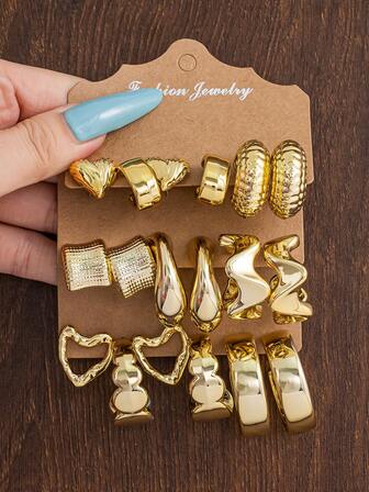 秋冬复古纹理环形耳环（1-9 对可选）- 迷你精致/超大号 C 形轻巧，带有心形和方形设计，是女性日常通勤和节日派对的必备品