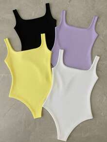 Kit 4 Bory Bodi Leotard Tank Top Thick Strap Casual Second Skin Fashion Women's Female P M G GG - 黃色/紫色/黑色/白色 - 查看 1