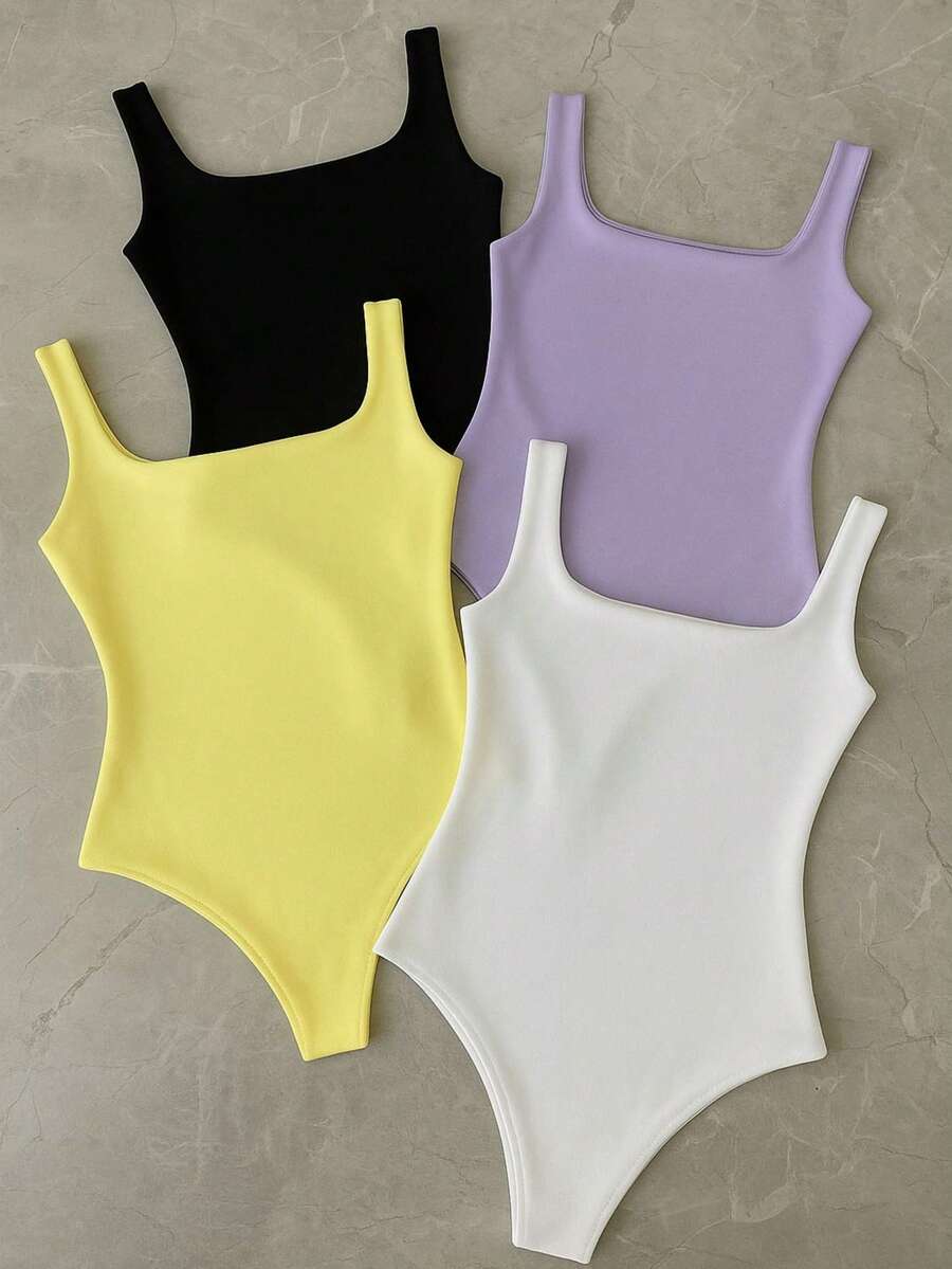 Kit 4 Bory Bodi Leotard Tank Top Thick Strap Casual Second Skin Fashion Women's Female P M G GG - 黃色/紫色/黑色/白色 - 查看 1