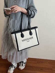 大号帆布和人造皮革拼布手提包，适合女性日常通勤，秋冬季 - 黑色 - 查看 4