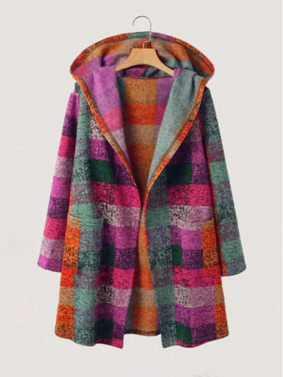 Casaco feminino de manga comprida com bolsos, estampa xadrez irregular, leve, com capuz e abertura frontal, ideal para outono/inverno. Jaqueta xadrez casual e moderna para o estilo streetwear. - Multicolorido - Ver 1