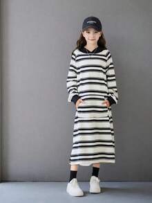 秋冬条纹连帽宽松连衣裙，前口袋，撞色肩袖中长连衣裙 - 彩色 - 查看 2