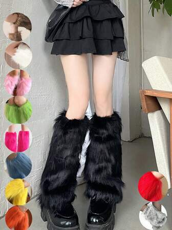 Women's Y2K Faux Fur Leg Warmers , Retro Plush Slouchy Thigh-High For Halloween & Christmas Party & Daily Subculture, Cozy