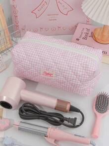 1 pieza Bolsa de almacenamiento acolchada para secador de pelo con estampado de cuadros/flores, con bolsillos interiores diseñados para sostener rizadores y otras herramientas para el cabello, gran capacidad, set organizador de viaje - Multicolor - Ver 11