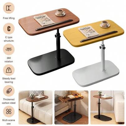 Walnut & Natural Wood Color C-Shaped Sofa Bed Tray Table, 360° Rotating C-Shaped Adjustable Side Table With Adjustable Height, Multi Functional Armrest Side Table, Home End Table, Couch Side Tables, Compact & Stable Laptop Table, Strong Weight Capacity, Built-In Storage, Durable Metal & Hardwood Adjustable Side Table For Sofa, Bed, Or Bathtub