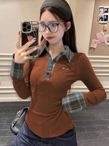 女式二合一格子马球领红色长袖拉绒修身打底衫 - 棕色 - 查看 4