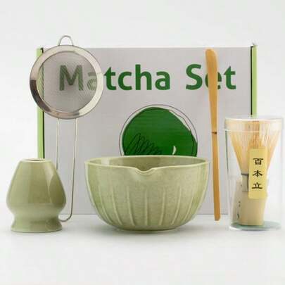 Authentic Matcha 5-Piece Set - Premium Bamboo Egg Beater And Ceramic Matcha Bowl, Complete Tea Ceremony Beginner Kit With Gift Box