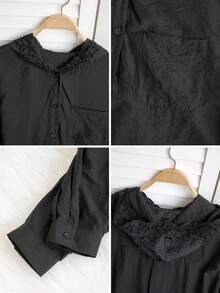 法式镂空钩针连帽长袖衬衫，宽松街头风格时尚优雅薄款女士衬衫，秋冬