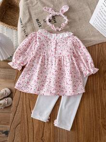 3pcs/Set Baby Girls' Fashionable Princess Dress, Pants And Headband Set, Long Sleeve, Spring/Autumn