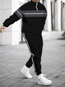 Men's Two-Piece Suit, Patchwork Printed Design With A Stand Collar And Half-Open Zipper Top Paired With Solid Color Casual Sports Long Pants, A Two-Piece Set For Autumn And Winter. Long-Sleeve And Long Pants Are Warm And Comfortable; Regular Fit With High-Quality Soft And Comfortable Fabric Makes It The Best Gift Choice For Holidays, Suitable For Vacations And Outdoor Activities. ...