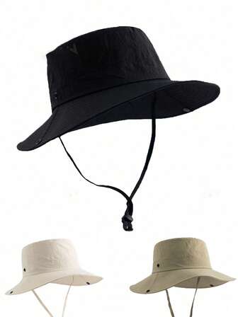 1pc Men's Solid Color Quick-Dry Windproof Drawstring Sun-Shading Casual Bucket Hat, Suitable For Hiking And Trekking, Foldable And Adjustable, Detachable, Compact Packaging, Autumn