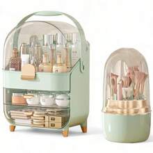 XL Large Make Up Organiser Cosmetic Vanity Case Box 2 Drawers Skincare Storage - Green + Brush Holder - View 1