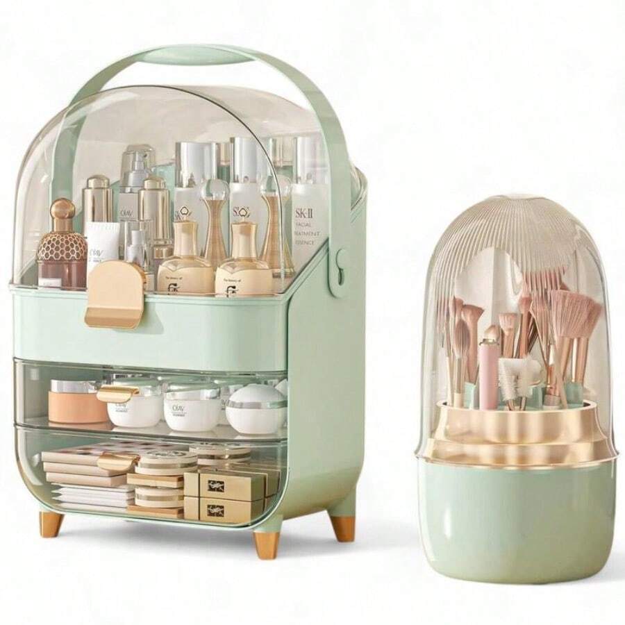 XL Large Make Up Organiser Cosmetic Vanity Case Box 2 Drawers Skincare Storage - Green + Brush Holder - View 1