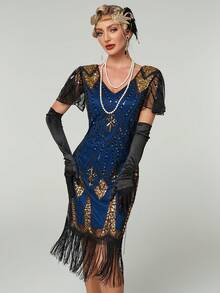 1920s Vintage Flapper Dress Short Sleeve Fringed Cocktail Party Dress - Blue - View 3