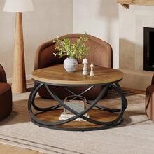 Tribesigns 31.5" Round Coffee Table With Storage Shelves, 2-Tier Circle Center Table With Sturdy Metal Frame, Rustic Accent Cocktail Table For Living Room, Small Space, Brown - Brown & Black - View 9