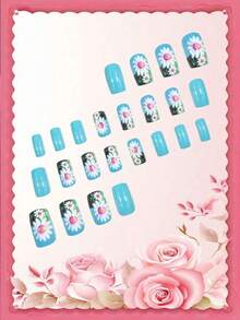 24pcs High-End Salon-Quality Press-On Nails: Mixed Length Gradient, Pink Gradient, Jelly Nails, Glossy Coffin Fake Nails, Blue Gradient 3D Press-On Nails With Butterfly & Pearl 3D Decorations, Solid Color Cat's Eye Press-On Nails, Glitter Fake Nails For Short - 多色 3 - 查看 2