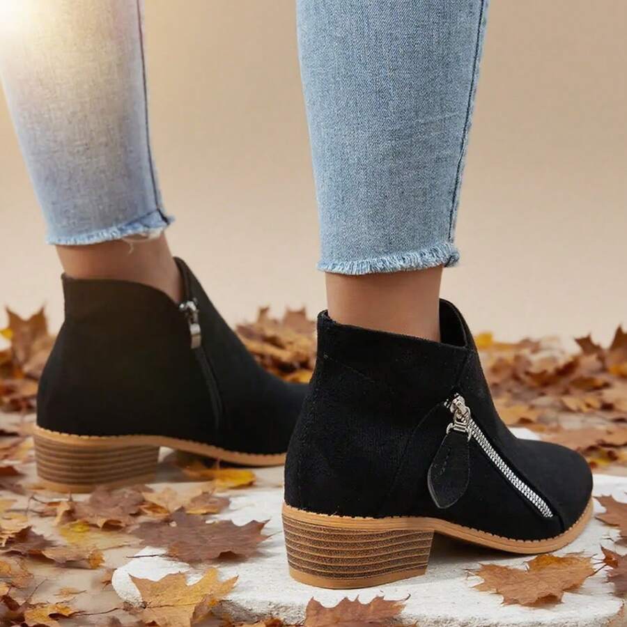2025 Autumn And Winter Women's Fashion Ankle Boots And Short Boots, 2024 New Style Pointed Toe Design Fashionable Thick Heel Slim Boots - 黑色 - 查看 1