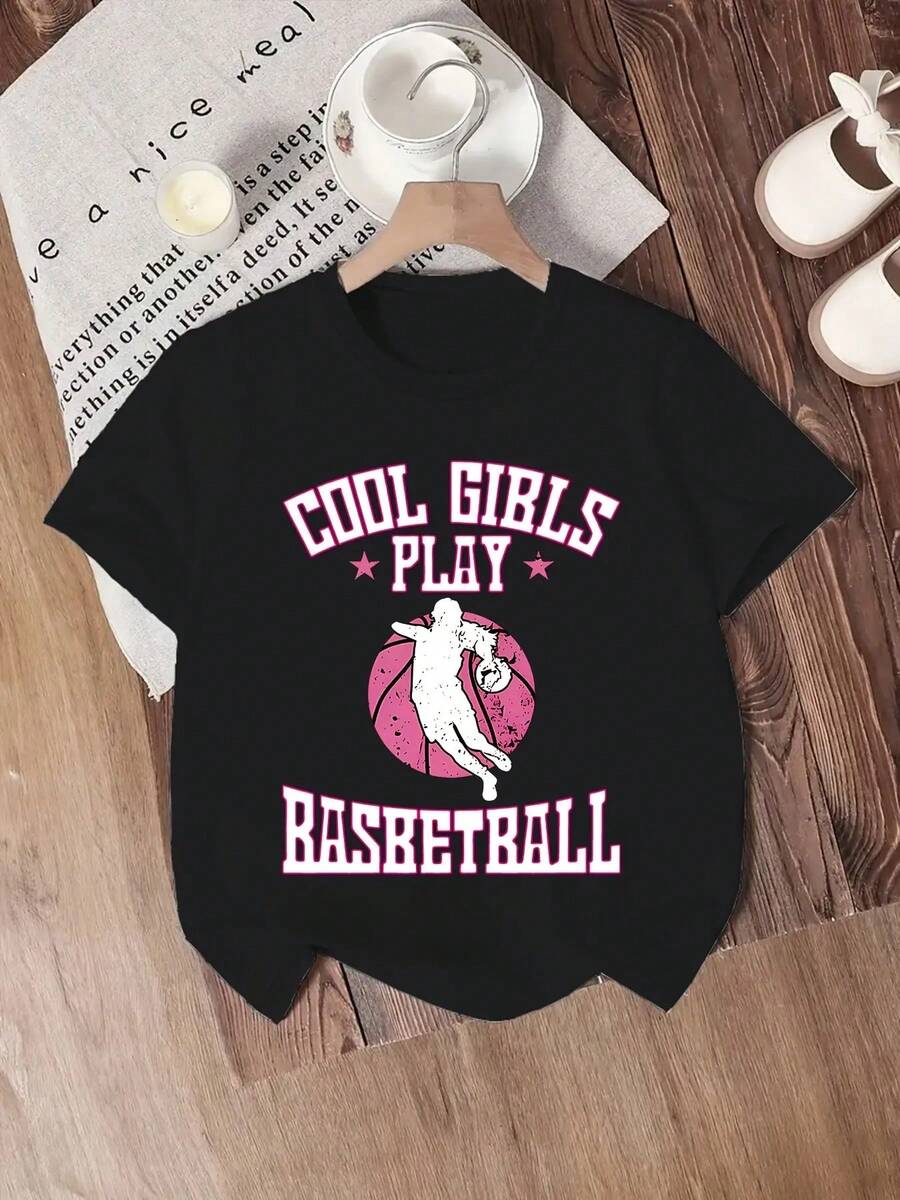 Girls Who Play Basketball, Fashionable Girls With Basketball Elements English Letter Round Neck Soft And Comfortable T-Shirt Top Casual Spring And Summer Cute Casual Shirt Print Pattern T-Shirt - Black - View 1