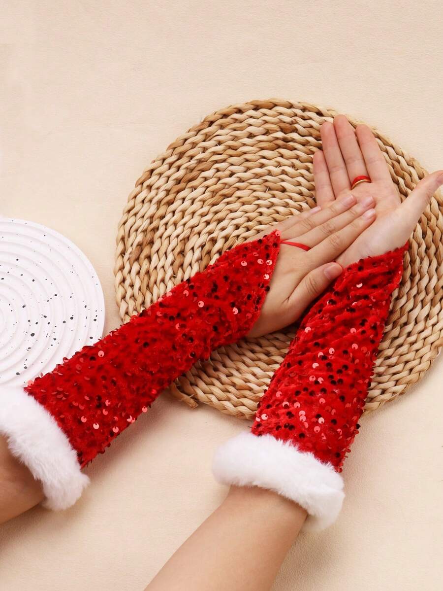 1 Pair Fashionable Versatile Red Sequin Stage Performance Party Formal Gloves, Warm - Red - View 1