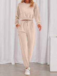 Women Fall 2 Piece Outfits Casual Long Sleeve Crop Top Drawstring Pant Jogger Suit Jumper Sportswear Sweatsuits Tracksuit Matching Set - Beige - View 2