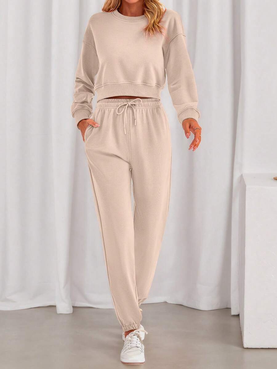 Women Fall 2 Piece Outfits Casual Long Sleeve Crop Top Drawstring Pant Jogger Suit Jumper Sportswear Sweatsuits Tracksuit Matching Set