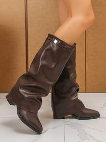 女士尖头舒适靴，宽筒直筒百搭，搭扣时尚，厚底裤靴，春秋季派对靴 - 棕色 - 查看 6