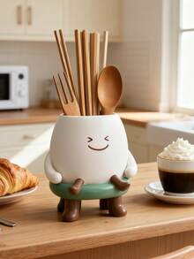 1个可爱卡通人物厨房用具架，多功能木制餐具收纳架，带沥水设计，可爱的台面收纳方案，可放置筷子、勺子、叉子，时尚的厨房装饰配件，非常适合早餐角、家庭厨房和咖啡馆，节省空间的餐具架，送给厨房爱好者的礼物 - 彩色 - 查看 3