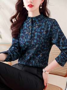 Fashionable All-Over Print Comfortable Long Sleeve Button-Up T-Shirt, Autumn - Royal Blue - View 5