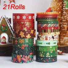 21 Rolls Christmas Washi Tape, Gold Foil Washi Tape Perfect For Bullet Journal, Decorative Adhesive Paper Tape For Scrapbooking, DIY Crafts, Gift Wrapping, Bullet Journals & Party Decor, Sticker Masking, School Supplies, Holiday Gift Decoration