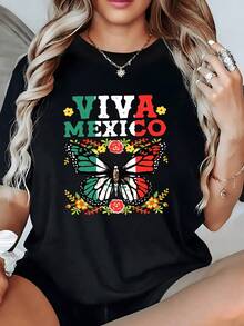 Playera de Mujer Cómoda y Moderna para Fiestas 1 unidad de Camisa de T 100% algodón para Mujer Diseño Viva México Mariposa Monarca con Bandera Floral Camisa de T con Estampado Digital 220 Gramos Festiva - Negro - Ver 1