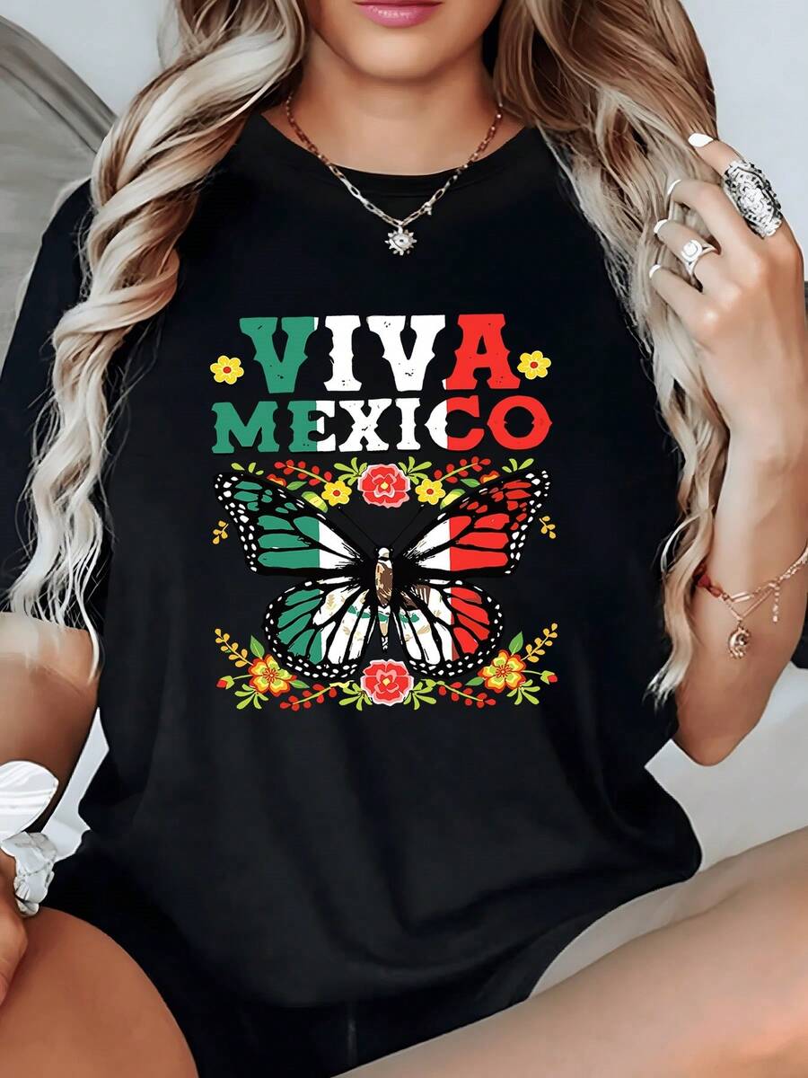 Playera de Mujer Cómoda y Moderna para Fiestas 1 unidad de Camisa de T 100% algodón para Mujer Diseño Viva México Mariposa Monarca con Bandera Floral Camisa de T con Estampado Digital 220 Gramos Festiva - Negro - Ver 1