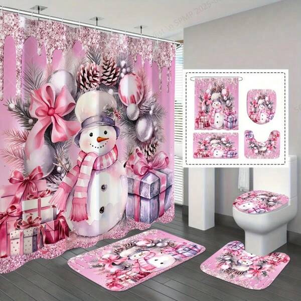 1/3/4 Pcs Christmas Pink Dreamy Snowman Toilet U-Shape Mat, Toilet Seat Cover, Bathroom Decor, Bathroom Shower Curtain Set With 12 Hooks, Bathroom Non-Slip Floor Mat, Toilet Seat Cover And U-Shape, Bathroom Window Curtain Shower Set, Modern Home Room Decor, Hanging Curtain, Suitable For Home Decor, Bathroom Decor, Christmas Decoration, Holiday & Daily Decor