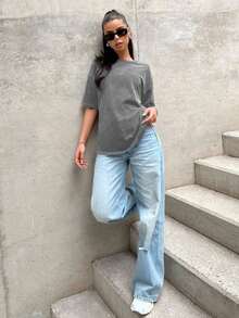 Loose Knit Black Casual T-Shirt-Unisex, Comfortable Vintage Cotton Washed T-Shirt-L91 - 灰色 - 查看 5