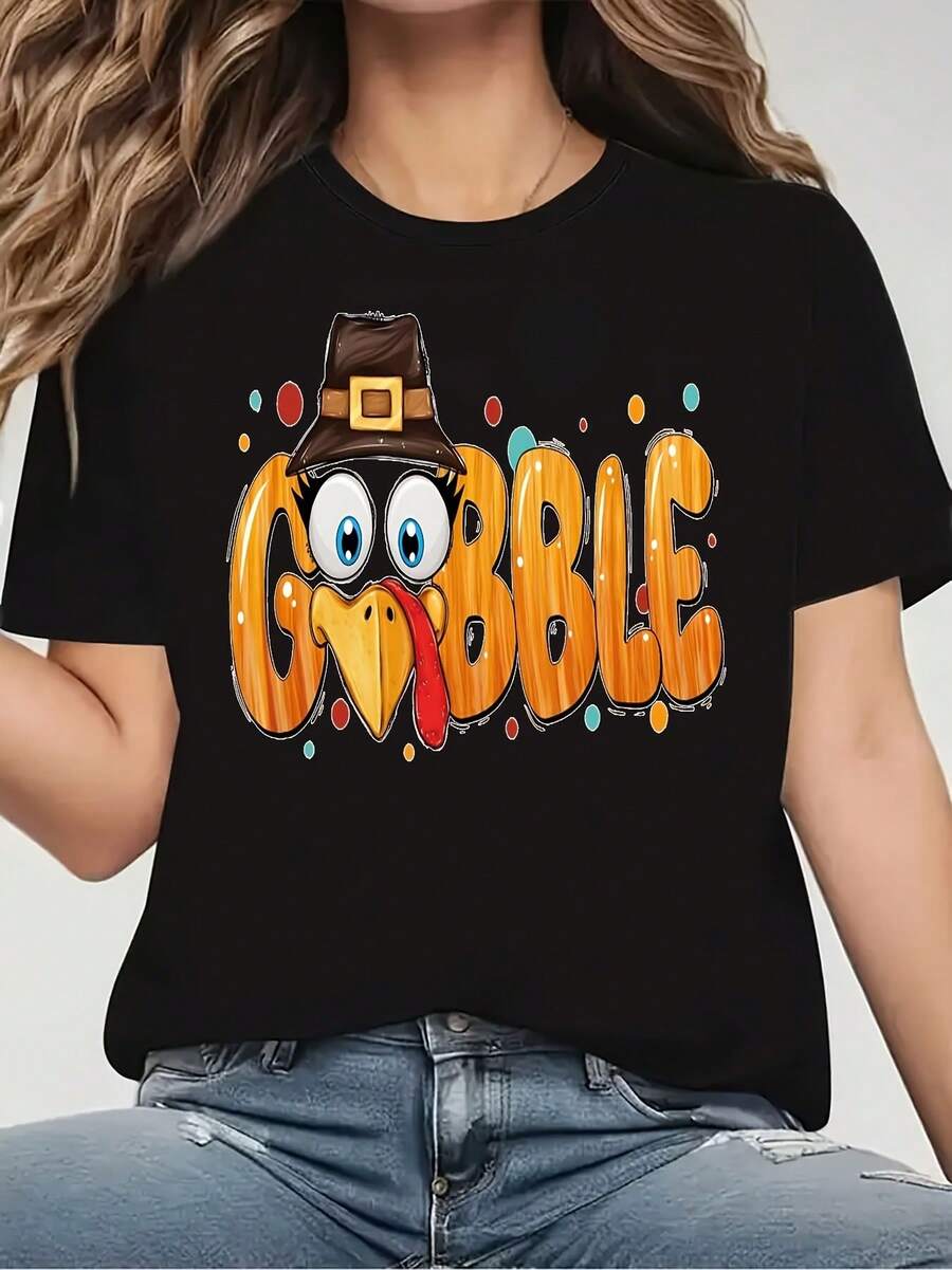 Women's T-Shirt, Soft, Stretchy, Crew Neck, Short Sleeves With A Thanksgiving Graphic Print, Machine Washable Casual Top, Fashionable For Spring, Summer, And Fall, Perfect For Halloween, Thanksgiving, Or Christmas Gifts