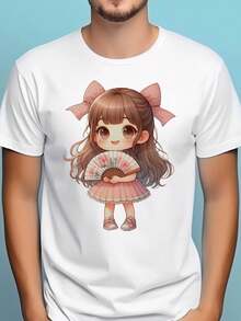 Little Girl Wearing Kimono Fan, Basic Tee, Graphic Shirt, Perfect For Cheering On Your Team During A Live Game, Casual T-Shirt Graphic Tees, 100 Percent Cotton Shirts, White Street Graphic Tees, Men's T-Shirt, Funny Graphic Vintage T Shirts, S-XXXL - 白色-1 - 查看 2