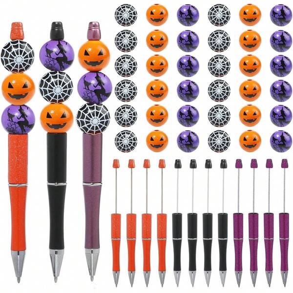 3pcs Halloween Beaded Pens, Plastic Beaded Pens For DIY Pumpkin, Witch, Spider Web Beaded Pens With Black Ink, Suitable For Halloween Gifts, School & Office Supplies