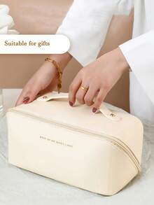 1 Stück PU-Leder Reise Make-up Tasche, großer wasserdichter Kosmetik Organizer mit hoher Kapazität, tragbare Handtasche für Hautpflege & Kosmetik, geeignet für Reisen, Universität, Strand, Schule, Badezimmer, Feiertage, Valentinstag, Muttertag, Weihnachten, Erntedankfest - Aprikosenfarben - Übersicht 6