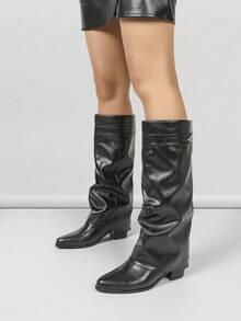 Women's Autumn/Winter Embellished Ankle Boots, Women's Vintage Casual Pleated Low Heel Tall Boots, Commute & Street Style Over-The-Knee Boots, Versatile To Pair With Skirts, Leather Pants, Coats, Knits